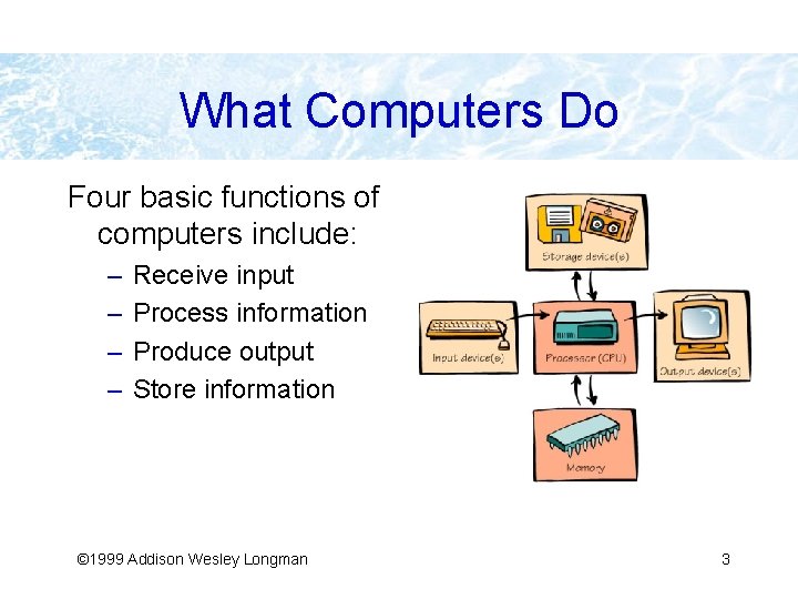 What Computers Do Four basic functions of computers include: – – Receive input Process