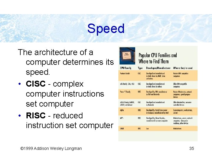 Speed The architecture of a computer determines its speed. • CISC - complex computer