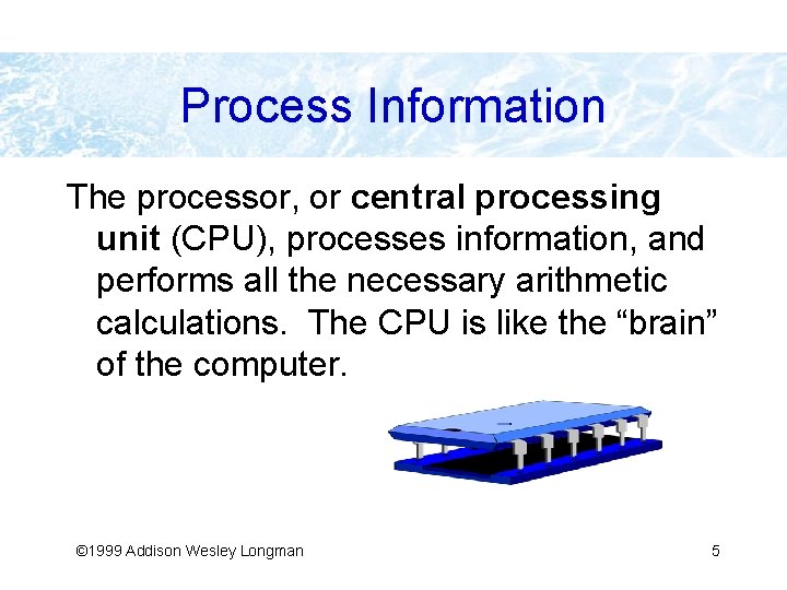 Process Information The processor, or central processing unit (CPU), processes information, and performs all