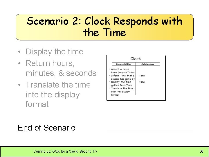 Scenario 2: Clock Responds with the Time • Display the time • Return hours,