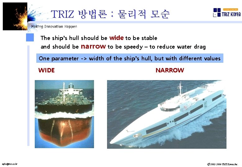 TRIZ 방법론 : 물리적 모순 The ship’s hull should be wide to be stable