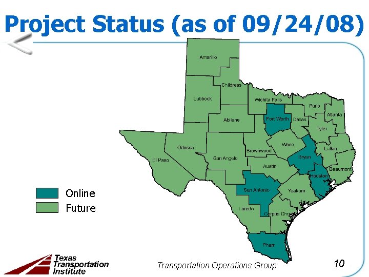 Project Status (as of 09/24/08) Online Future Transportation Operations Group 10 