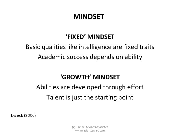 MINDSET ‘FIXED’ MINDSET Basic qualities like intelligence are fixed traits Academic success depends on