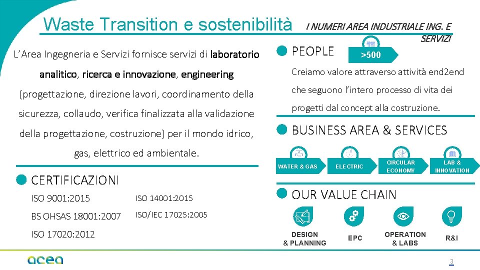 Waste Transition e sostenibilità L’Area Ingegneria e Servizi fornisce servizi di laboratorio analitico, ricerca