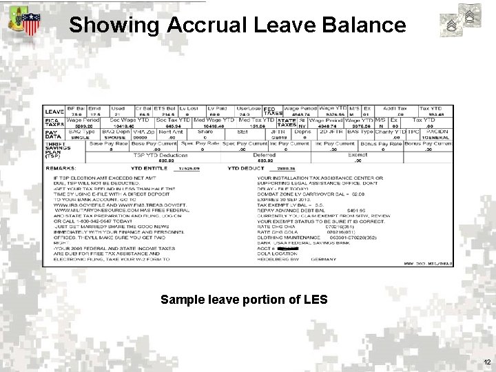 Showing Accrual Leave Balance Sample leave portion of LES 12 