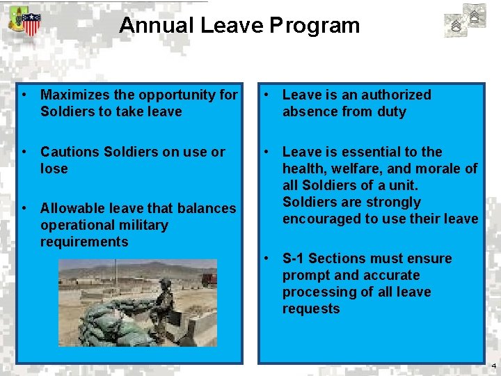 Annual Leave Program • Maximizes the opportunity for Soldiers to take leave • Leave