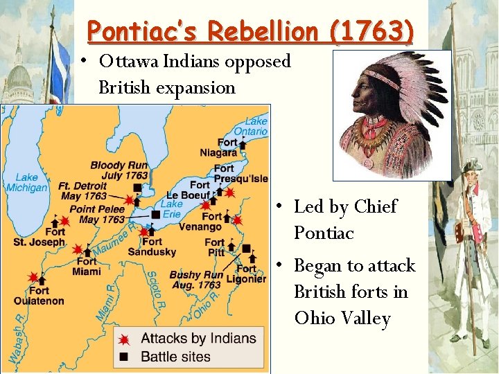 Pontiac’s Rebellion (1763) • Ottawa Indians opposed British expansion • Led by Chief Pontiac
