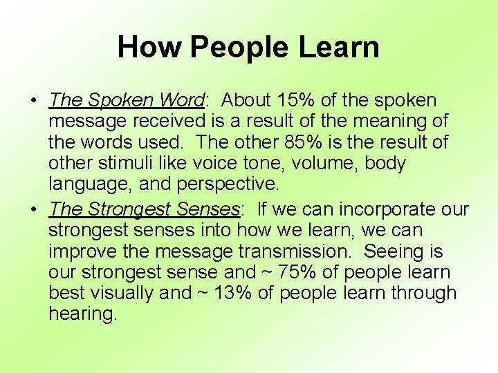 How People Learn • The Spoken Word: About 15% of the spoken message received