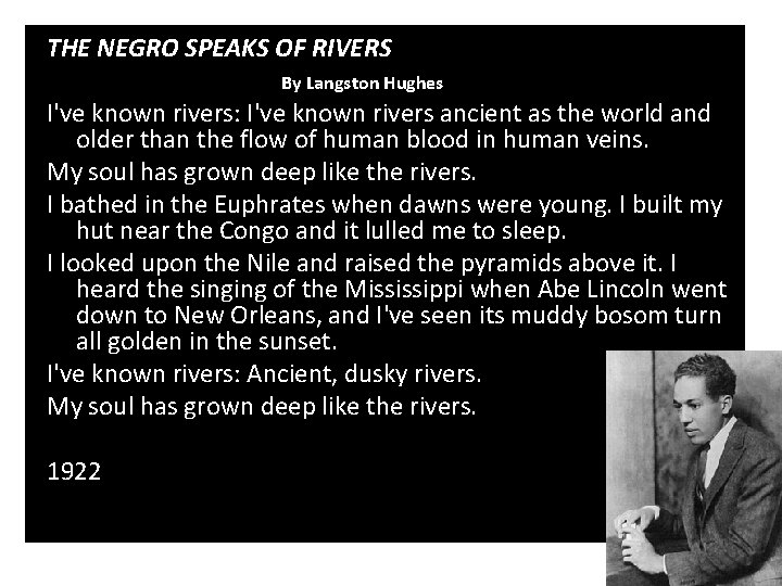 THE NEGRO SPEAKS OF RIVERS By Langston Hughes I've known rivers: I've known rivers