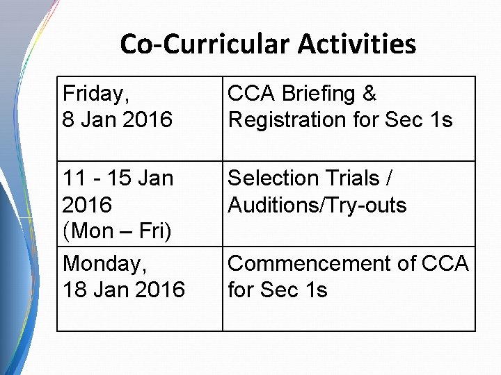 Co-Curricular Activities Friday, 8 Jan 2016 CCA Briefing & Registration for Sec 1 s
