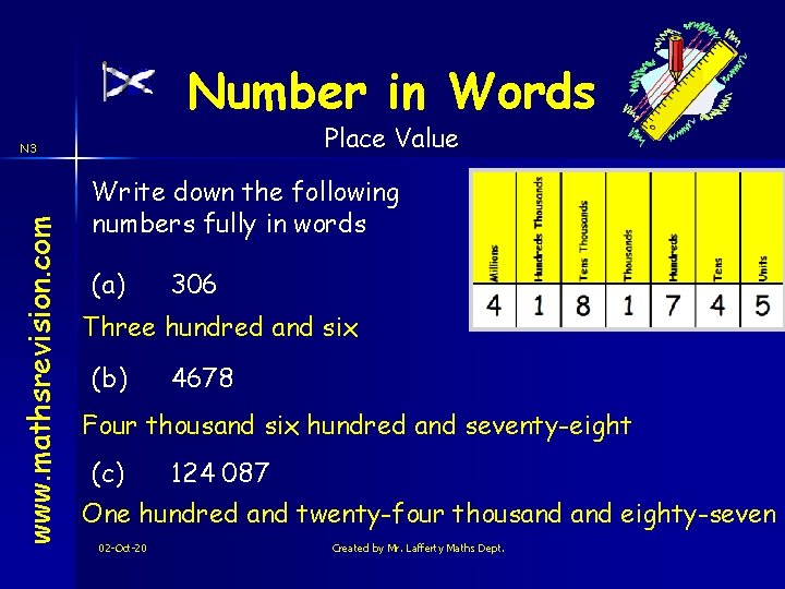 Number in Words Place Value www. mathsrevision. com N 3 Write down the following