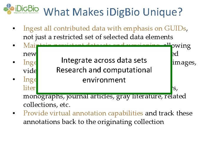 What Makes i. Dig. Bio Unique? • • • Ingest all contributed data with