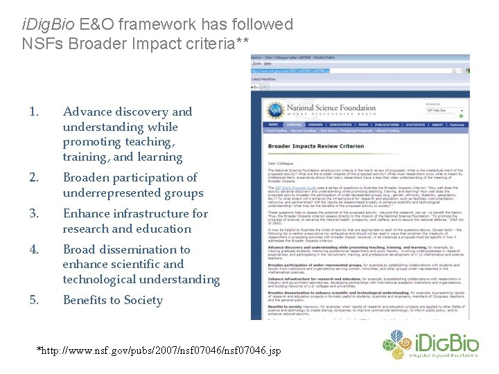 i. Dig. Bio E&O framework has followed NSFs Broader Impact criteria** 1. Advance discovery