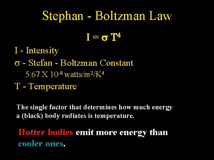 Stephan - Boltzman Law I = s T 4 I - Intensity s -