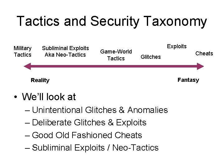 Tactics and Security Taxonomy Military Tactics Subliminal Exploits Aka Neo-Tactics Game-World Tactics Exploits Glitches