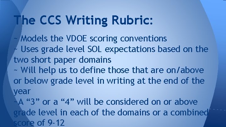 The CCS Writing Rubric: ~ Models the VDOE scoring conventions ~ Uses grade level