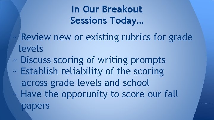 In Our Breakout Sessions Today… ~ Review new or existing rubrics for grade levels