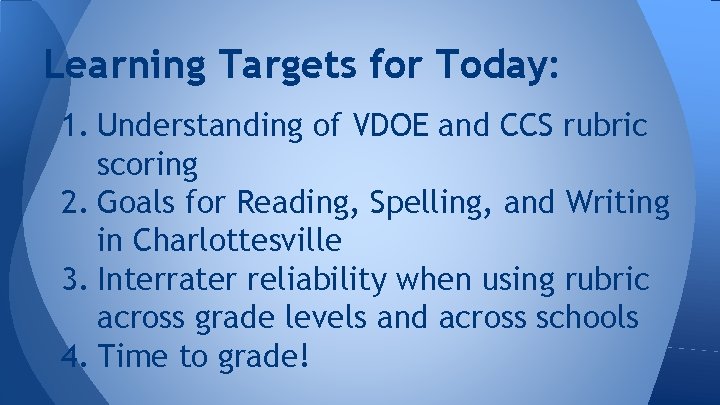 Learning Targets for Today: 1. Understanding of VDOE and CCS rubric scoring 2. Goals