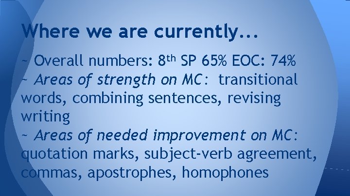 Where we are currently. . . ~ Overall numbers: 8 th SP 65% EOC: