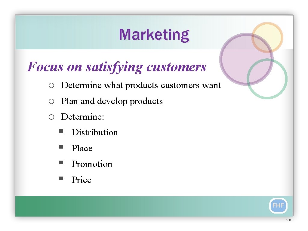 Marketing Focus on satisfying customers o o o Determine what products customers want Plan