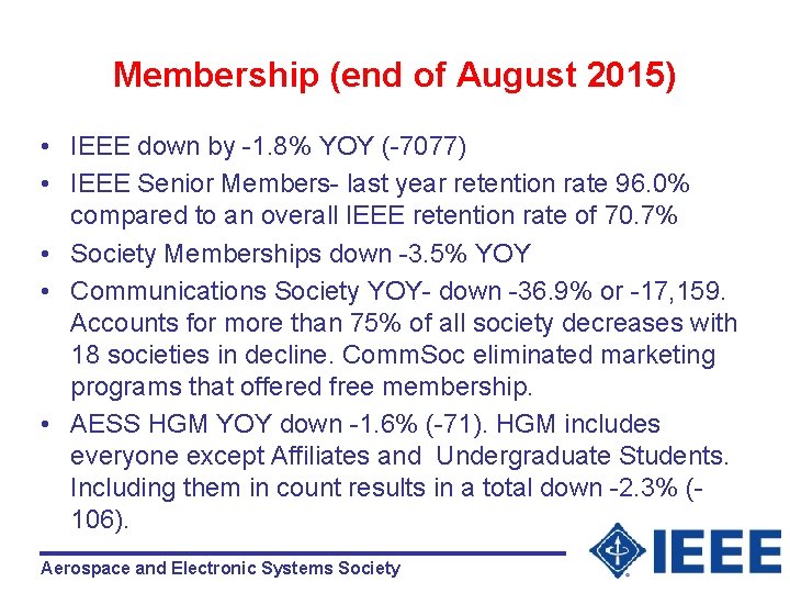 Membership (end of August 2015) • IEEE down by -1. 8% YOY (-7077) •