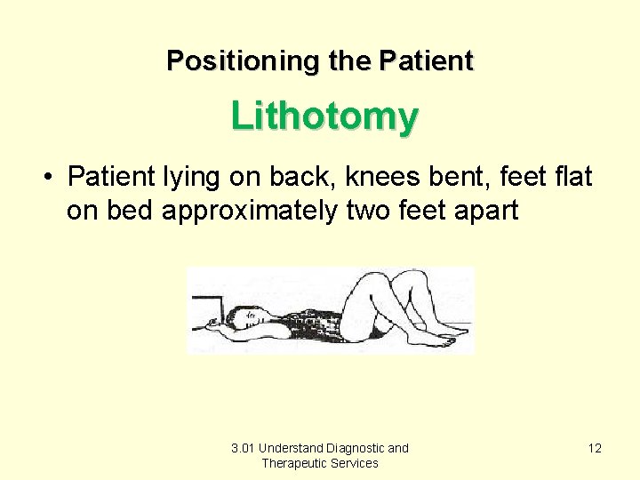 Positioning the Patient Lithotomy • Patient lying on back, knees bent, feet flat on