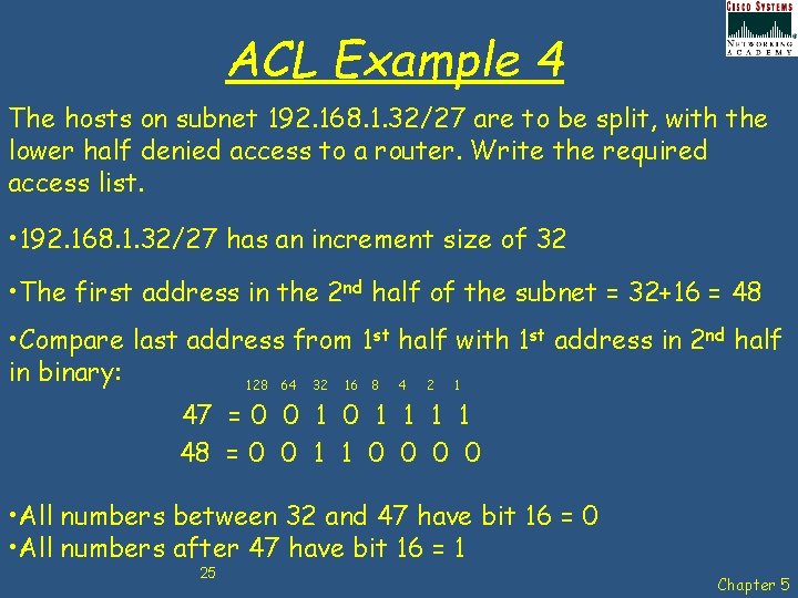 ACL Example 4 The hosts on subnet 192. 168. 1. 32/27 are to be