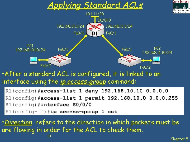 Applying Standard ACLs 10. 1. 1. 1/30 S 0/0/0 192. 168. 10. 1/24 Fa