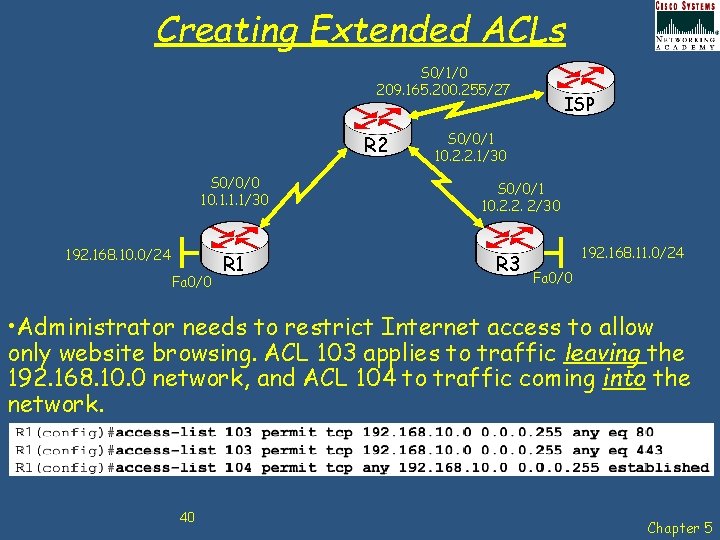 Creating Extended ACLs S 0/1/0 209. 165. 200. 255/27 R 2 S 0/0/0 10.