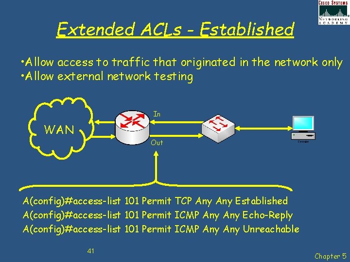 Extended ACLs - Established • Allow access to traffic that originated in the network