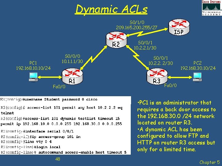 Dynamic ACLs S 0/1/0 209. 165. 200. 255/27 R 2 S 0/0/0 10. 1.