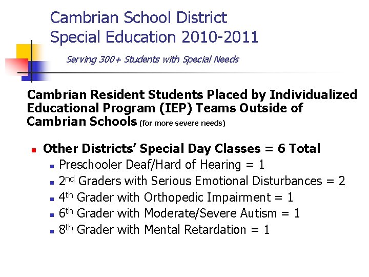 Cambrian School District Special Education 2010 -2011 Serving 300+ Students with Special Needs Cambrian