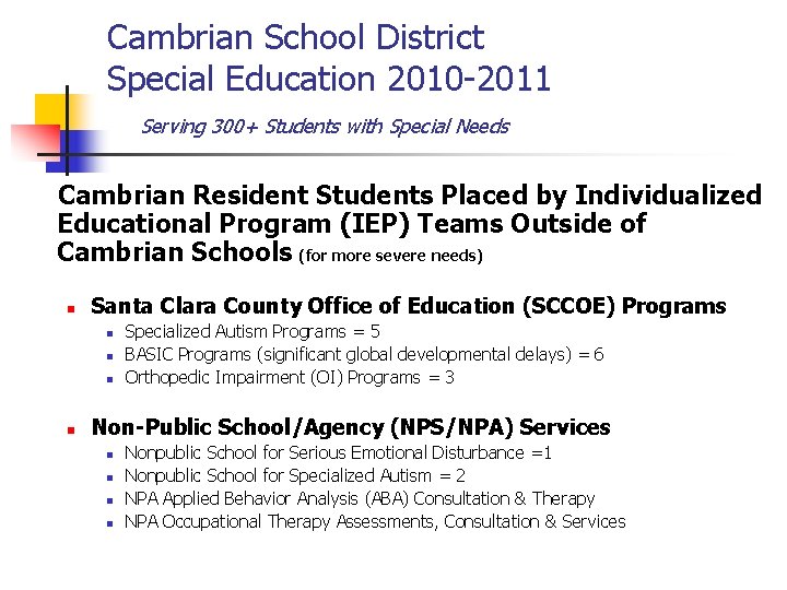 Cambrian School District Special Education 2010 -2011 Serving 300+ Students with Special Needs Cambrian