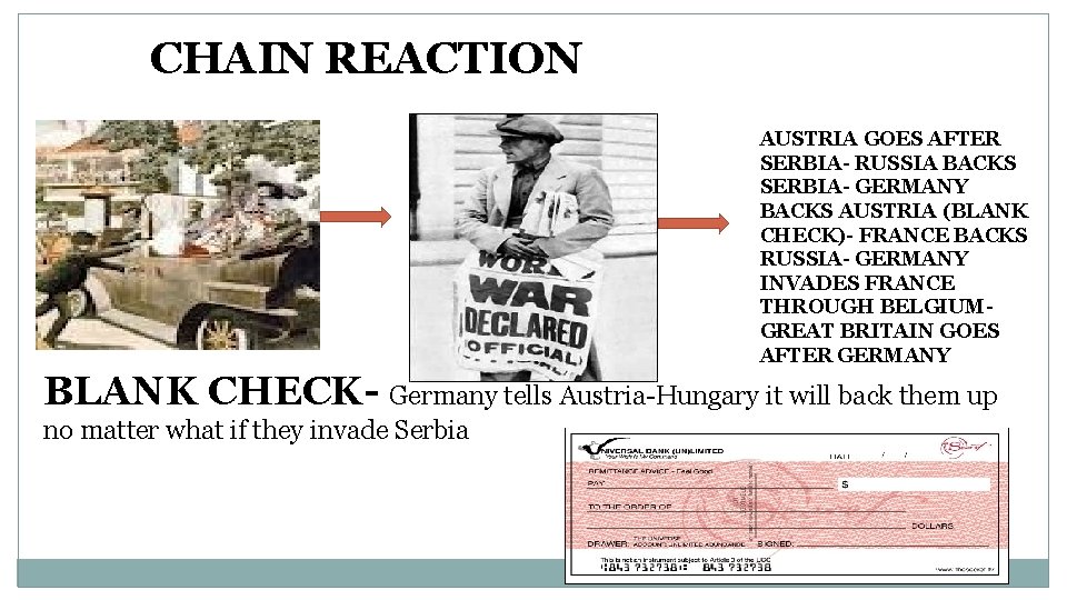 CHAIN REACTION AUSTRIA GOES AFTER SERBIA- RUSSIA BACKS SERBIA- GERMANY BACKS AUSTRIA (BLANK CHECK)-