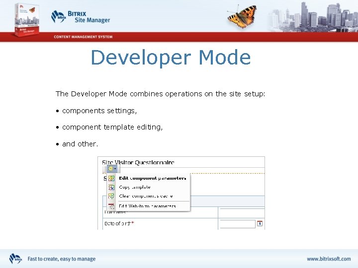 Developer Mode The Developer Mode combines operations on the site setup: • components settings,