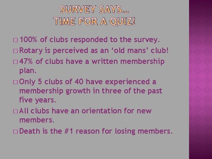 SURVEY SAYS… TIME FOR A QUIZ! � 100% of clubs responded to the survey.