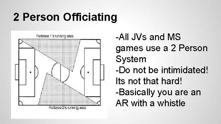 2 Person Officiating -All JVs and MS games use a 2 Person System -Do