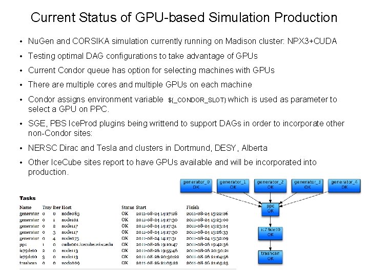 Current Status of GPU-based Simulation Production • Nu. Gen and CORSIKA simulation currently running