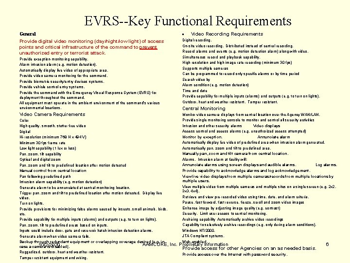 EVRS--Key Functional Requirements General Provide digital video monitoring (day/night/low light) of access points and