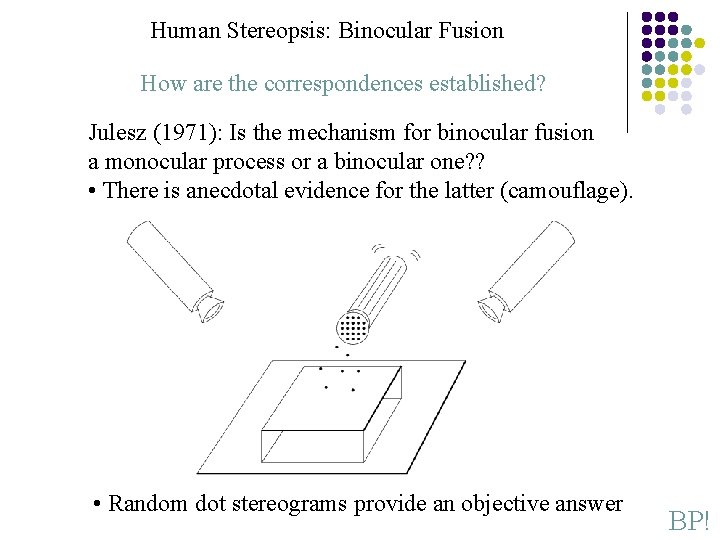 Human Stereopsis: Binocular Fusion How are the correspondences established? Julesz (1971): Is the mechanism