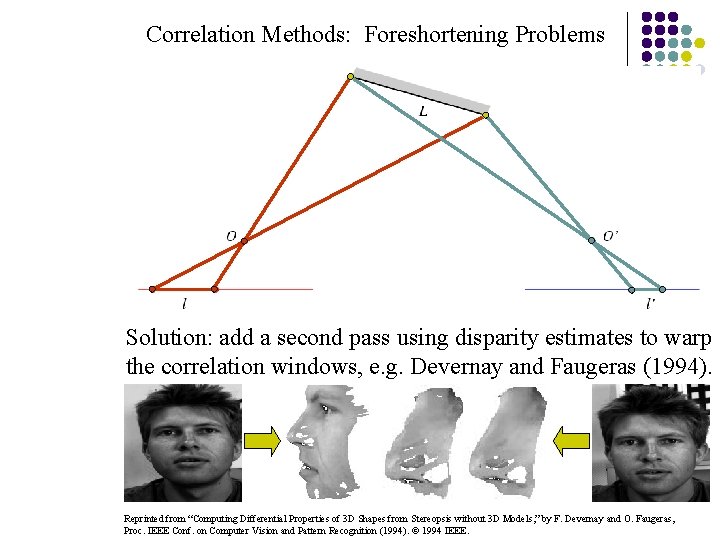 Correlation Methods: Foreshortening Problems Solution: add a second pass using disparity estimates to warp