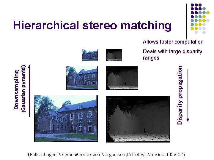 Hierarchical stereo matching Allows faster computation Disparity propagation (Gaussian pyramid) Downsampling Deals with large