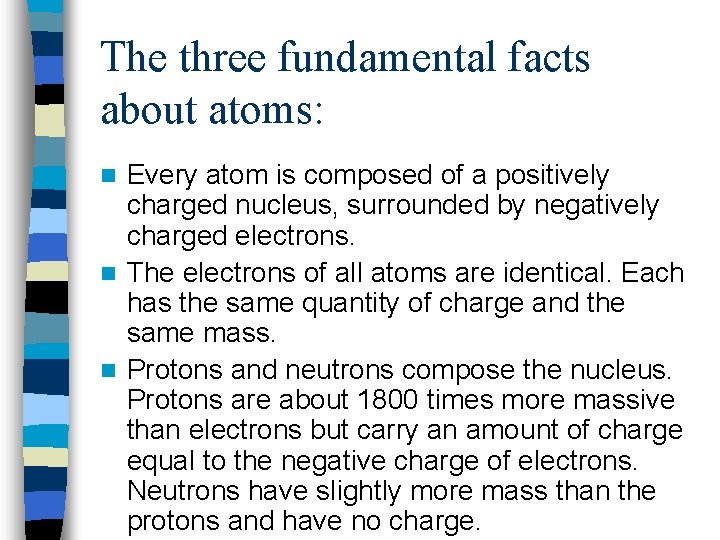 The three fundamental facts about atoms: Every atom is composed of a positively charged