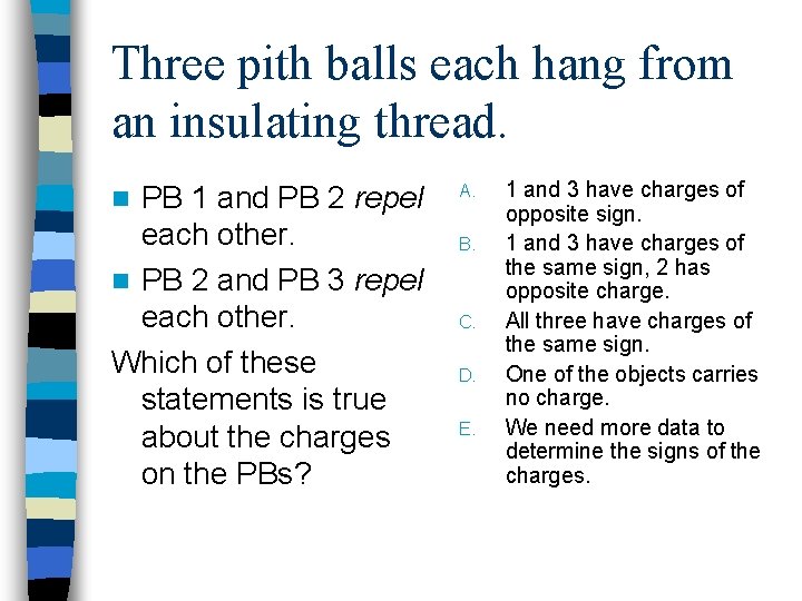 Three pith balls each hang from an insulating thread. PB 1 and PB 2