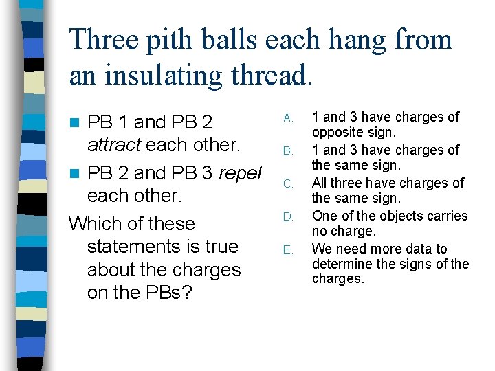Three pith balls each hang from an insulating thread. PB 1 and PB 2