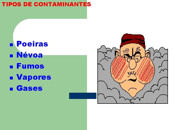 TIPOS DE CONTAMINANTES n n n Poeiras Névoa Fumos Vapores Gases 