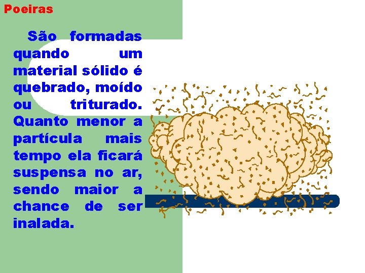 Poeiras São formadas quando um material sólido é quebrado, moído ou triturado. Quanto menor