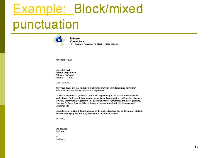 Example: Block/mixed punctuation 17 