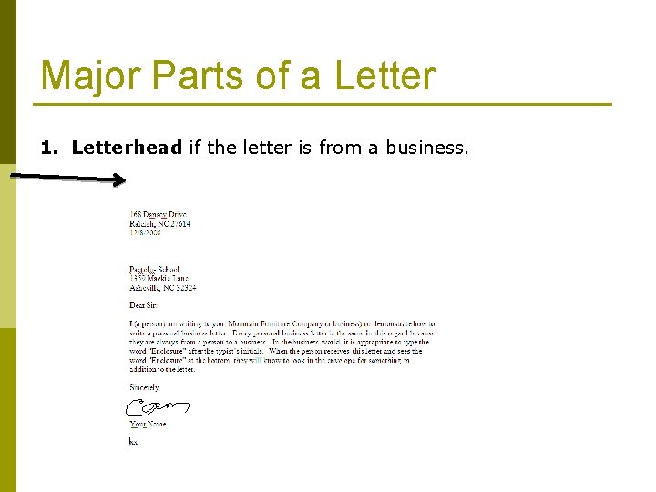 Major Parts of a Letter 1. Letterhead if the letter is from a business.