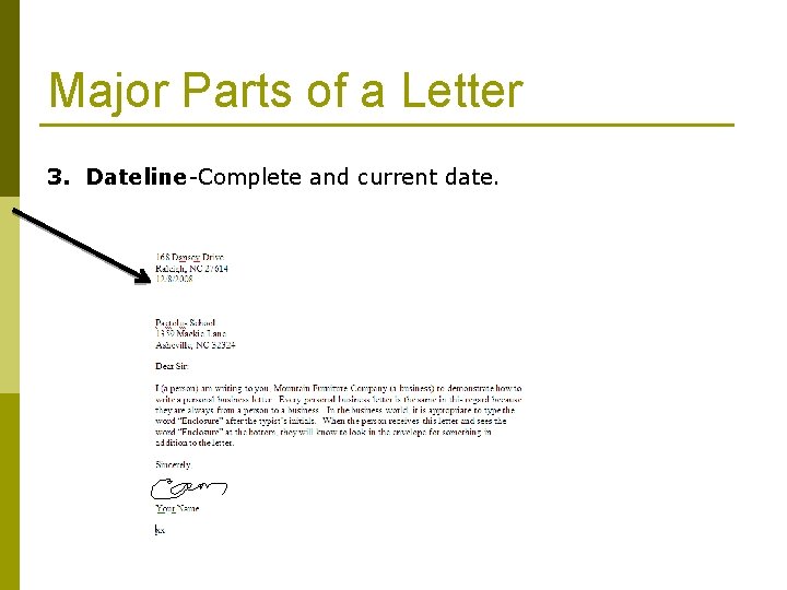 Major Parts of a Letter 3. Dateline-Complete and current date. 